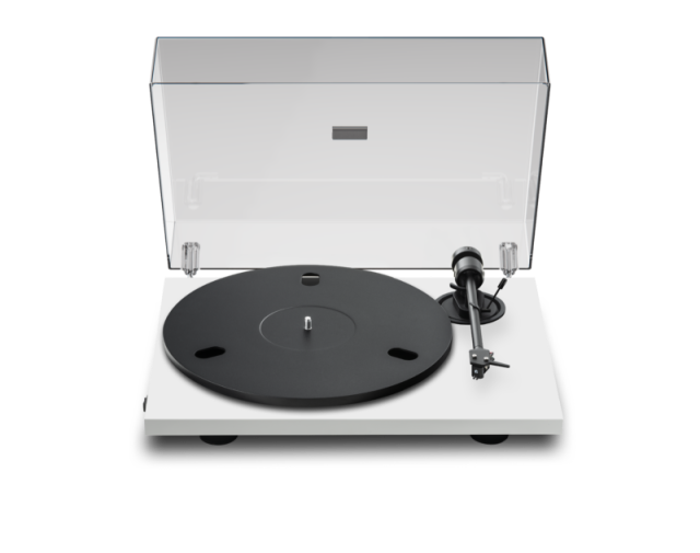 Pro-Ject E1.2 turntable in white with dust cover raised and 730g alloy platter
