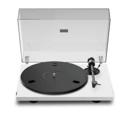 Pro-Ject E1.2 turntable in white with dust cover raised and 730g alloy platter