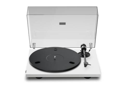 Pro-Ject E1.2 turntable in white with dust cover raised and 730g alloy platter