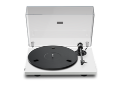 Pro-Ject E1.2 turntable in white with dust cover raised and 730g alloy platter