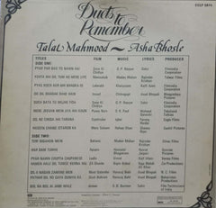 DUETS TO REMEMBER TALAT MAHMOOD AND ASHA BHOSLE- HINDI VINYL LP