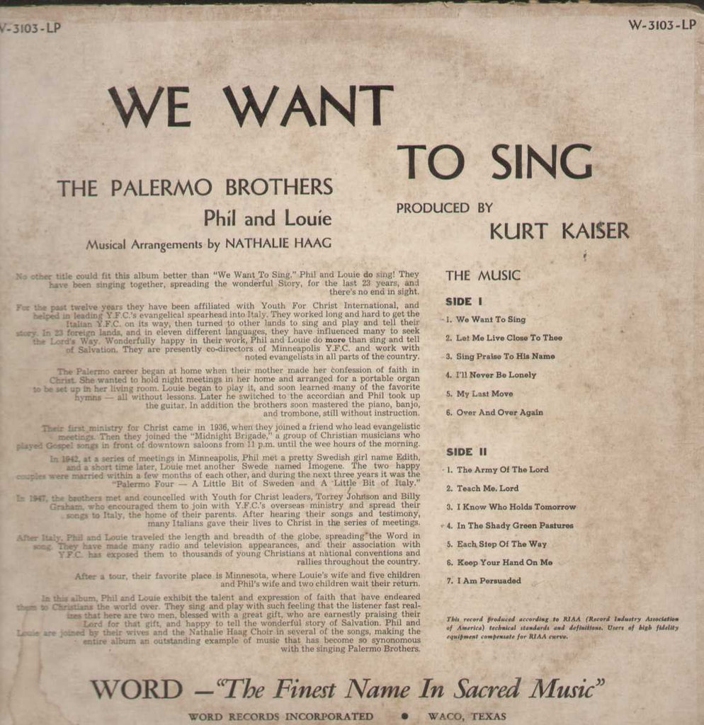 Phil And Louis Palermo We Want To Sing English Vinyl LP