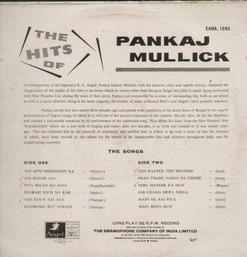 The Greatest Hits Of Pankaj Mullick Bollywood Vinyl LP