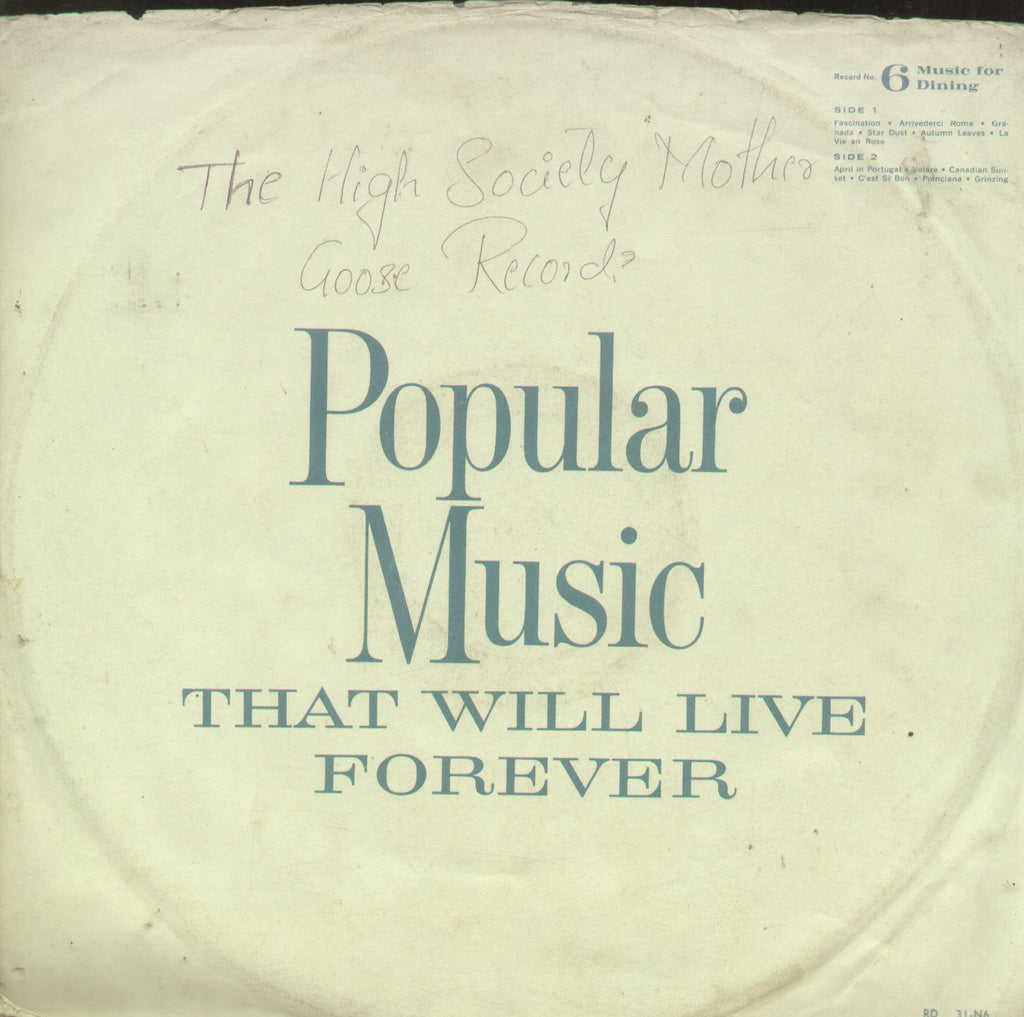 The High Society Mother Goose Records - English Bollywood Vinyl LP - No Sleeve