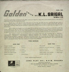 The Golden Voice of K.L. Saigal Vol 2 - Hindi Bollywood Vinyl LP