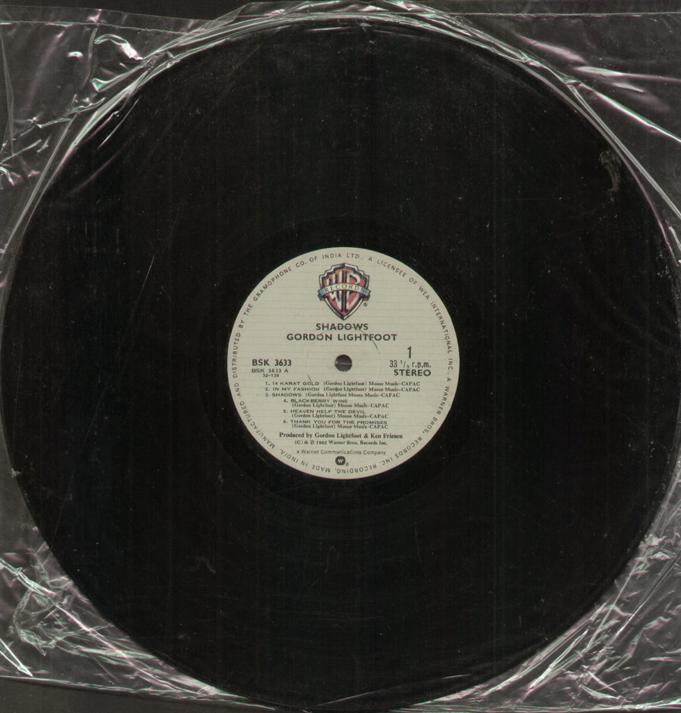 Shadows Gordon Lightfoot - English Bollywood Vinyl LP - No Sleeve